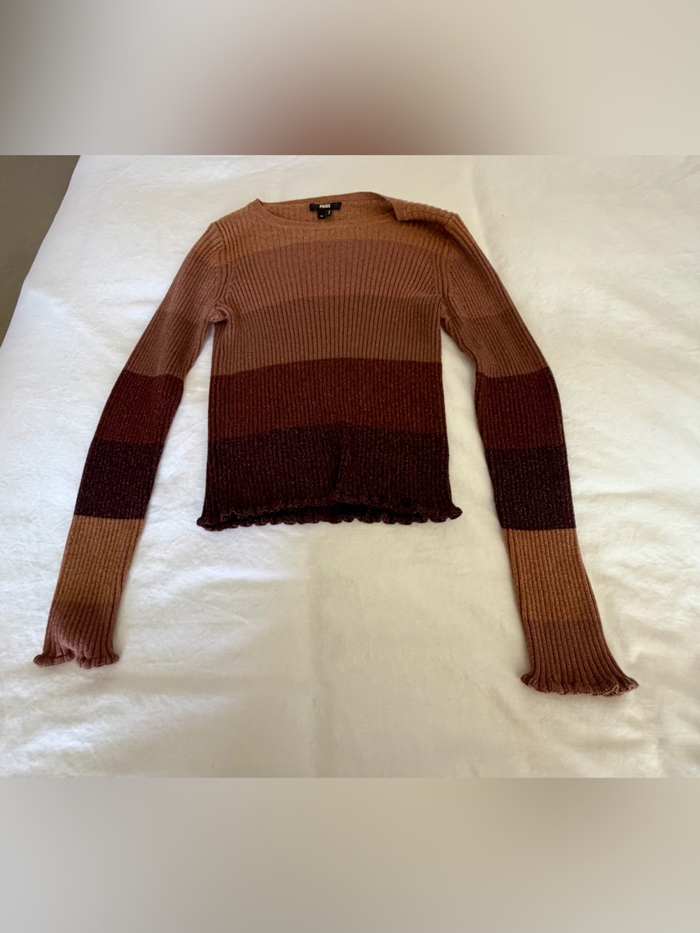 PAIGE Striped Ribbed Crewneck Sweater in Brown and Rust Tones